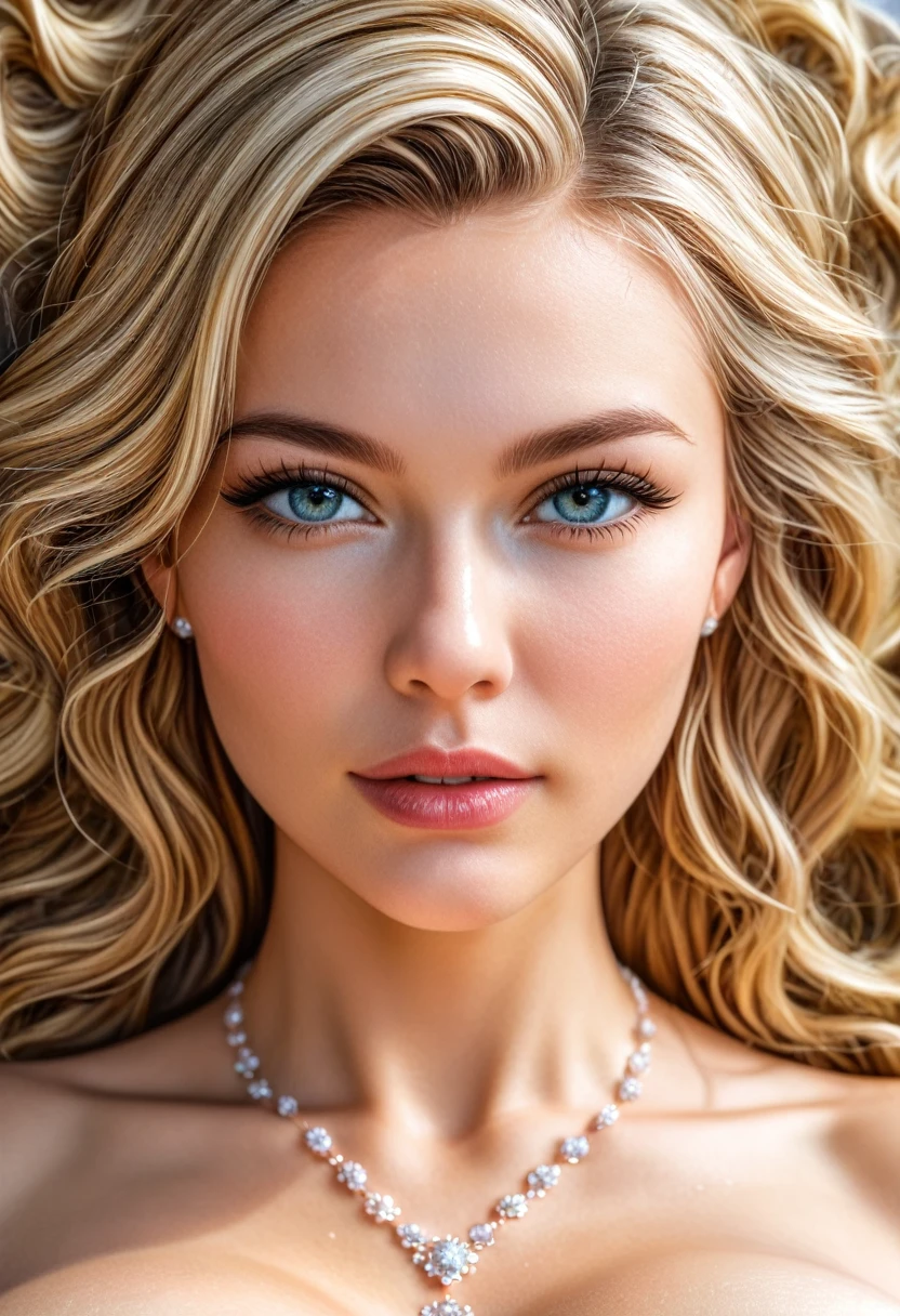 best quality, masterpiece, Big , (Large Breasts), Delicate skin texture, Detailed fabric texture, Delicate face, Super Detail, 8K, Intricate details, 1 Girl, 30 years old, High contrast, High resolution eyes, Blonde