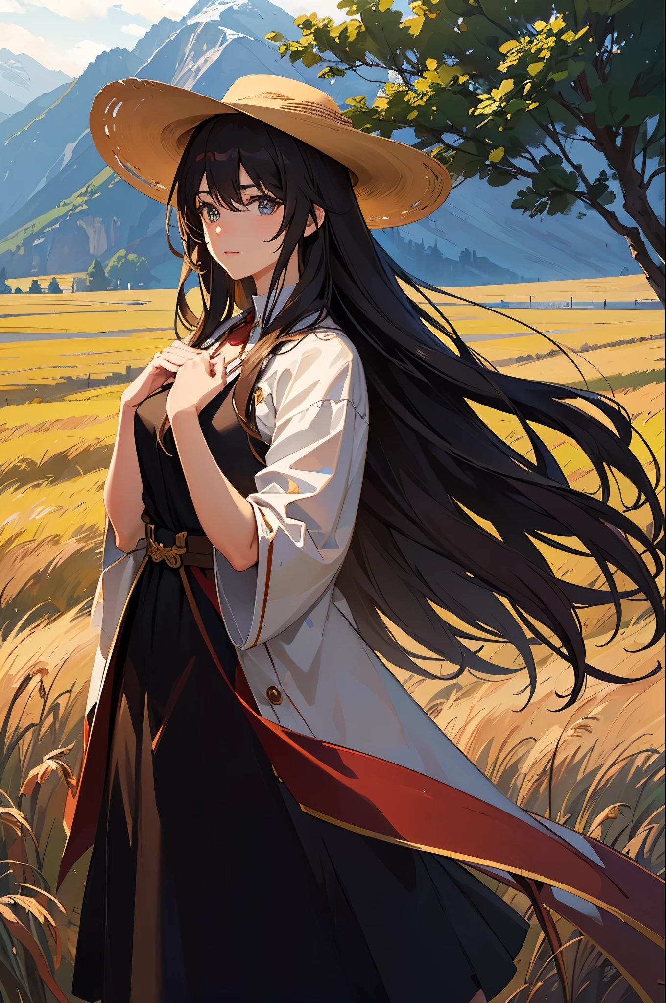 A beautiful young anime girl, long brown hair, wearing a cowboy hat, standing in a countryside landscape, golden wheat field, mountains in the background, warm sunlight, detailed facial features, delicate skin, light breeze blowing her hair, (best quality,4k,8k,highres,masterpiece:1.2),ultra-detailed,(realistic,photorealistic,photo-realistic:1.37),intricate details,cinematic lighting,vibrant colors,digital painting,elegant,serene