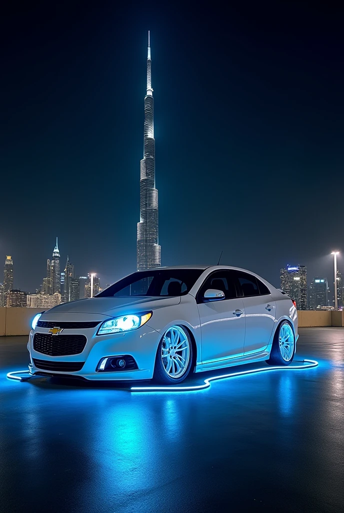 White chevrolet cobalt 2014 model, with r19 BMW rims with neon blue lights at night, in front of burj khalifa