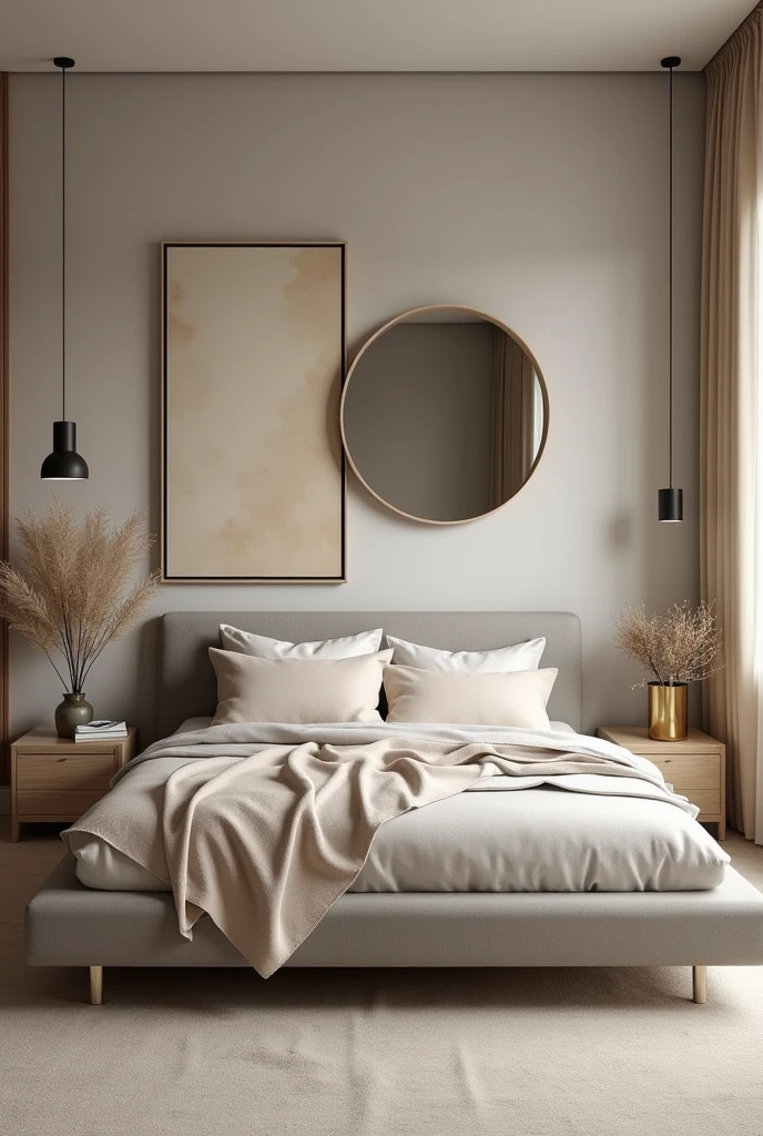  I want to recreate how I want my room and the first thing is that the bed should be facing the wall, the front should be beige, the bed should be gray and the bed should be facing the wall and also on the left, so it should be attached to the wall on the right side of the bed, on the wall where the headboard is, I want an irregular floating mirror and above the headboard of the bed some large nude-colored paintings and the mirror, I don&#39;t want windows, I don&#39;t want windows. 