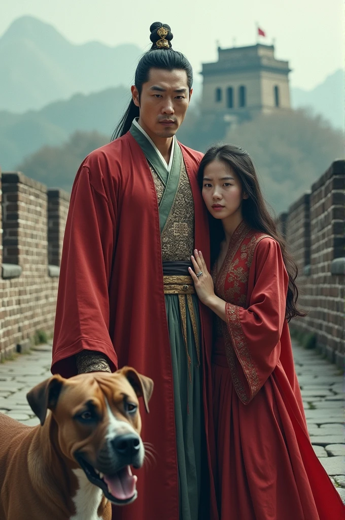 Handsome Korean like a God next to a scared girl next to a pitbull with rabies and in the background the great wall