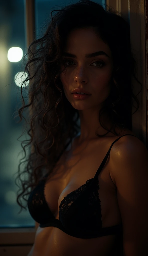 A girl with long curly hair, cinematic night scene, (best quality,4k,8k,highres,masterpiece:1.2),ultra-detailed,(realistic,photorealistic,photo-realistic:1.37),dramatic lighting,moody atmosphere,mysterious shadows,dramatic shadows,dramatic lighting,dramatic pose,intense focus,intricate details,volumetric lighting,cinematic angle,cinematic framing,chiaroscuro, lingerie, sexy, ((((naked))))