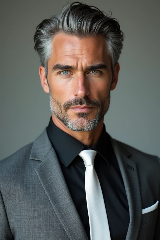 ((Highest quality)), ((masterpiece)), (detailed),Grey suit,male,20-year-old,White tie,Grey Hair,blue eyes,Black shirt,Foreigners,Long nape