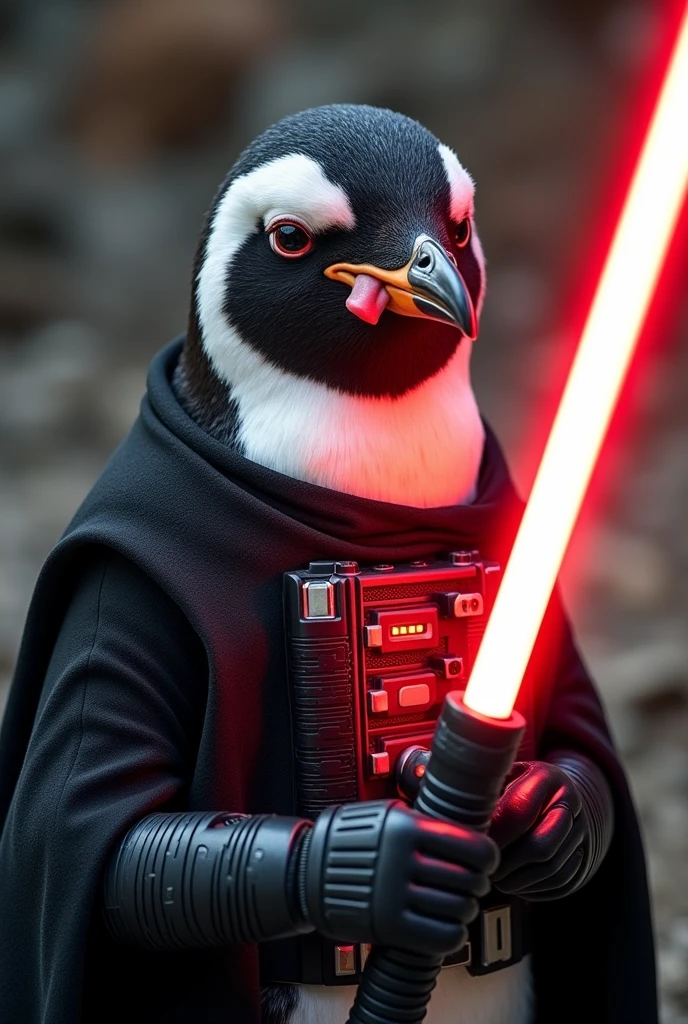 a close up of an penguin facing the camera with his tongue out on the side of his mouth and using a sith vest with a red light saber on his hand