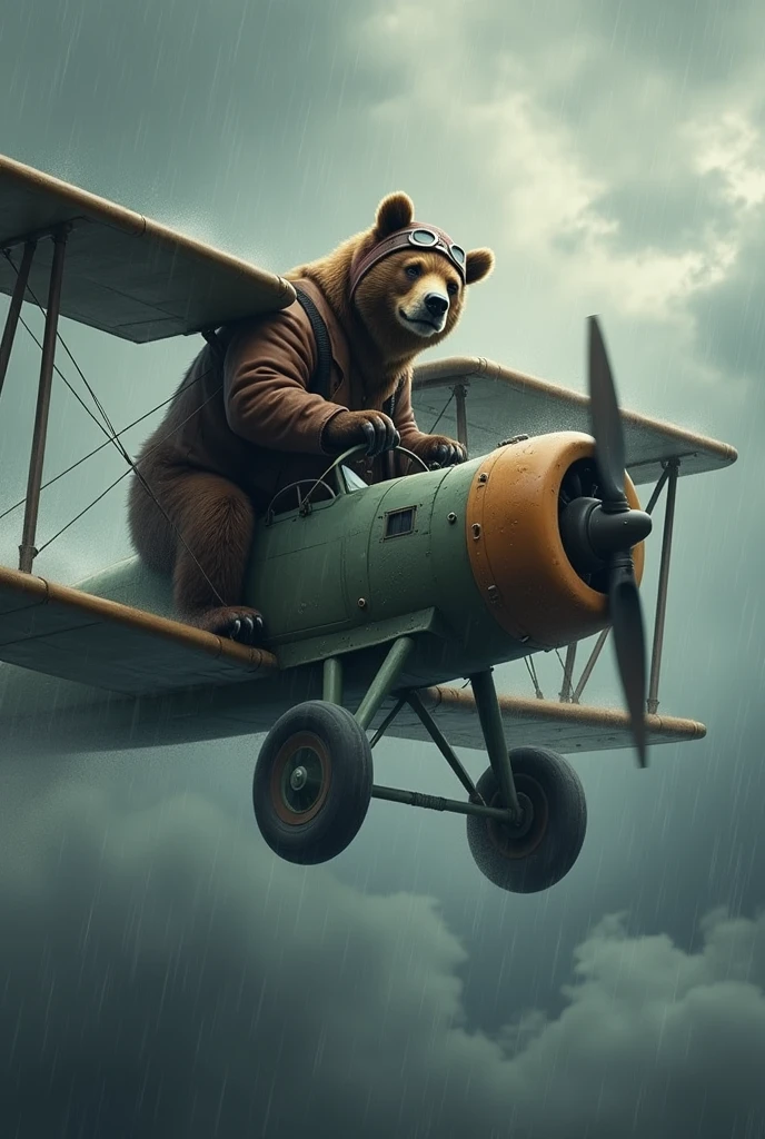 I would like you to create for me a bear flying a plane in the clouds in a cold and rainy climate