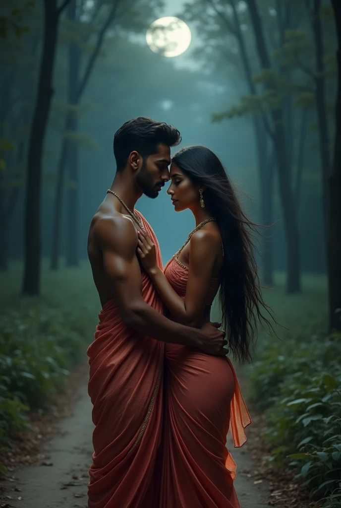 Beautiful Indian male and beautiful Indian women present, straight photoshoot currency, full body picture, moonlight night, night time, winter, forest path walking, wide face, cute, big eyes, reputable, photorialistic, street, wide background, big tits, sexy thin Sari, long waving hair, crack, symmetric face, excellent work, 8, ultra realistic