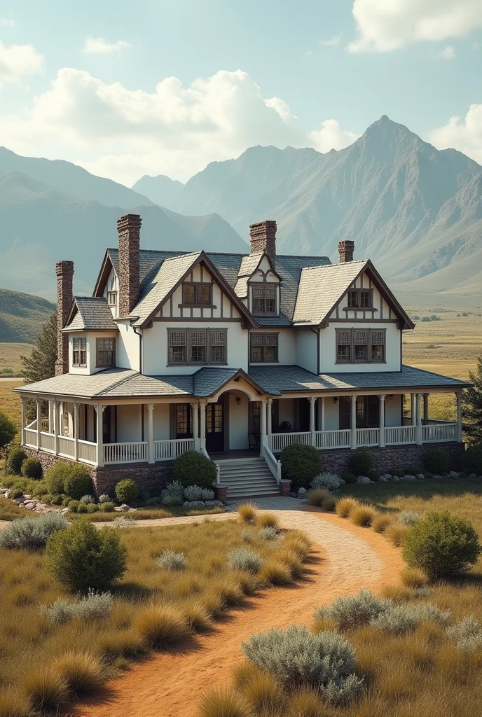 Make a big house inspired by John Dutton's house but it has to be rustic white