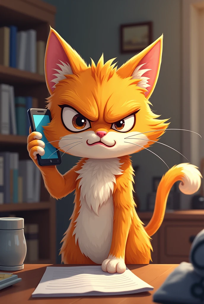 Angry Cat talking to mobile phone