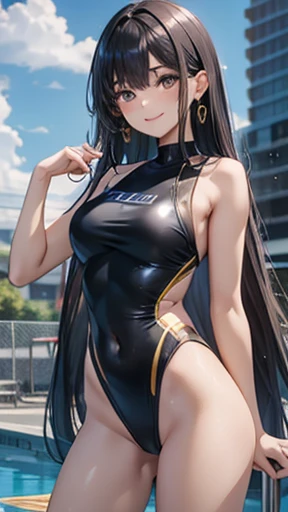 Honor student,Beautiful black hair,long hair,(Straight Hair),high school girl,(boyish),Dark Eyes,Muscular,(tall),(Slim body),((A confident smile)),Medium Bust,Gold earrings,White competitive swimsuit,Outdoor,Pool