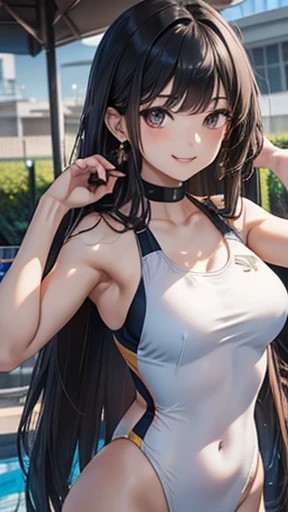 Honor student,Beautiful black hair,long hair,(Straight Hair),high school girl,(boyish),Dark Eyes,Muscular,(tall),(Slim body),((A confident smile)),Medium Bust,Gold earrings,White competitive swimsuit,Outdoor,Pool