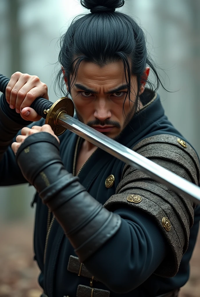 samurai warrior, ((masterpiece, highest quality, Highest image quality, High resolution, Raw photo, 8K)), ((Extremely detailed CG unified 8k wallpaper)), (huge stunning warrior shot, full body, musclural body beauty:1.4), black hair, black hair, nervous, Posing for the camera, In a warrior fighting stance, unkempt hair, a stern look, and dual swords, symbolizing his mastery of the dual-wielding technique. Pose: Holding both swords, one above his head and one in front, in a ready stance, showcasing his adaptability and readiness., photorealistic, 16k, 8k, 4K, award winning