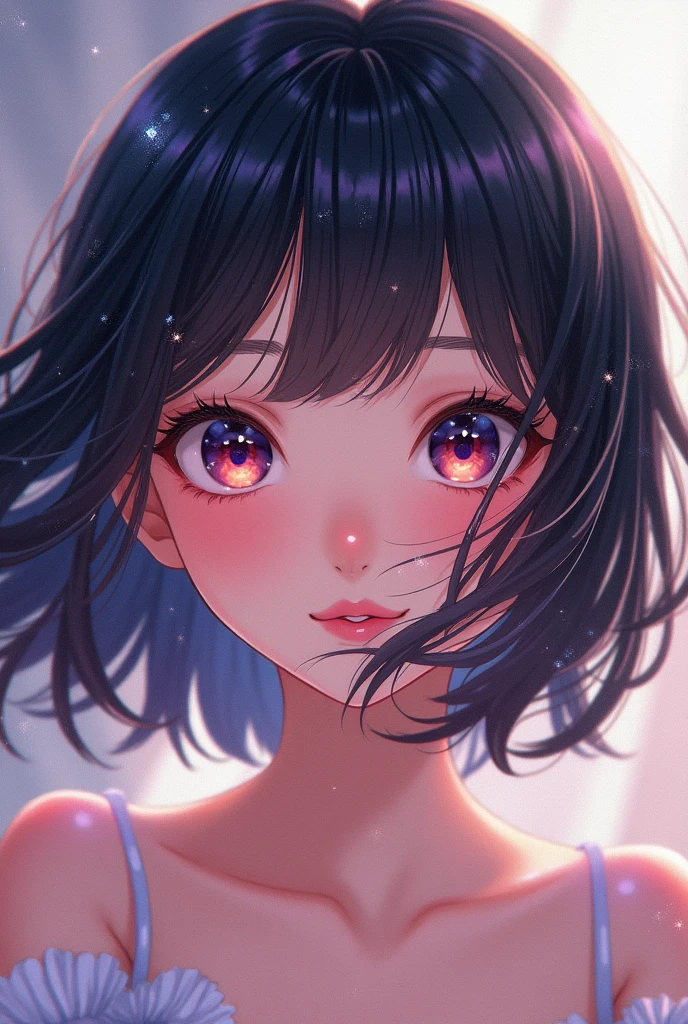 Charming anime girls captivate viewers with their ethereal beauty. Her shiny black hair accentuates her delicate features, and her large, expressive eyes sparkle with joy. Digital painting brings this stunning character to life