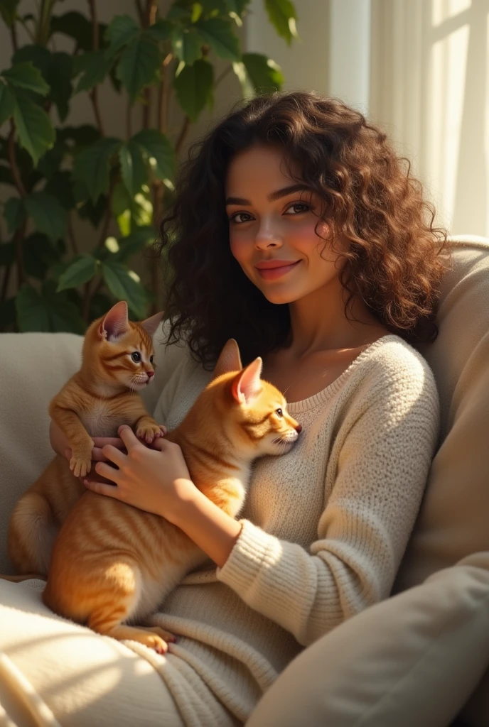 A Brazilian woman on a lush sofa in the spotlight
, wearing a white knitted shirt , playing with your puppy and cat , showing harmonious coexistence in a cozy environment.