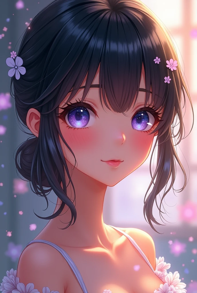 Charming anime girls captivate viewers with their ethereal beauty. Her shiny black hair accentuates her delicate features, and her large, expressive eyes sparkle with joy. Digital painting brings this stunning character to life