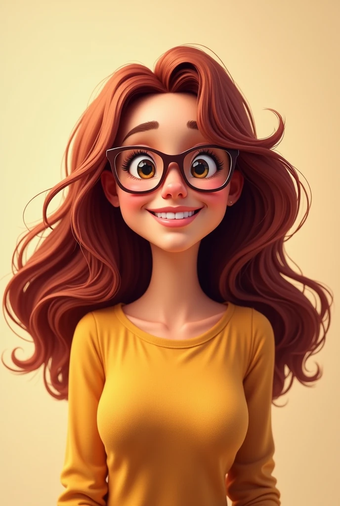 Darker Reddish brown blonde long hair, woman, glasses, animated, medium build, smile
