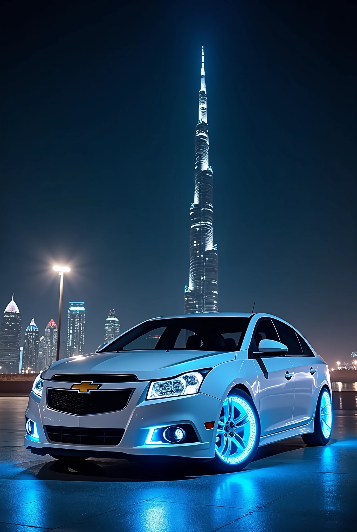 White chevrolet cobalt 2014 model, with r19 BMW rims with neon blue lights at night, in front of burj khalifa