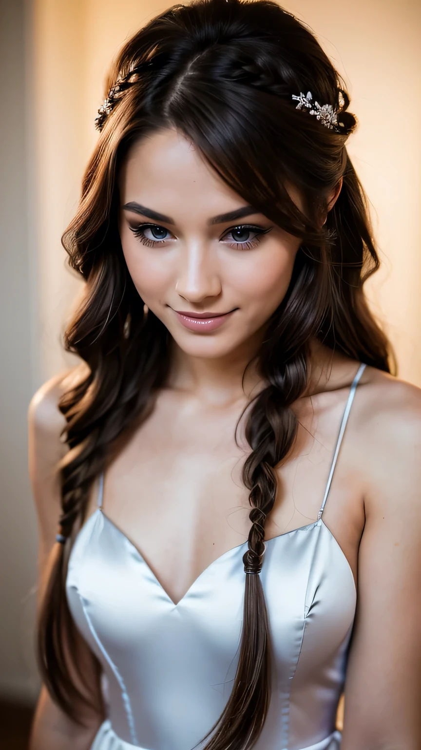 Realistic full body photo of a smiling, young brunette girl with long hair, Braided hairstyle, She dances in front of the camera in a short A-line bridesmaid dress with straps made of shiny red satin., Park,glamour fotoshooting, Wedding celebration, perfect , perfect brown eyes. Perfect hands with 5 fingers on each hand, Matching girl, looking at the camera, 1 Frau. (Eye make up:1.1), (highly detailed skin:1.1), spirit, analog style, keen focus, 8K  UHD, dslr, good quality, Fujifilm XT3, Grain, Award-winning, ​masterpiece. Wedding celebration