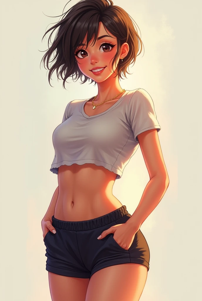 A cute girl with cute smile and tight shirt with short hair with extream short shorts