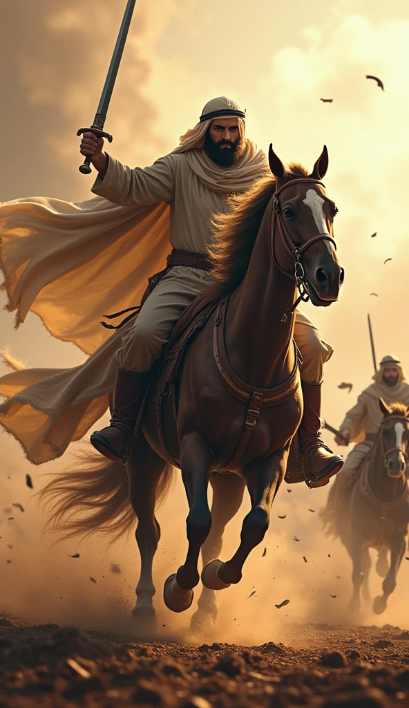 A muslim warrior is galloping on the battlefield with a sword in his hand and a horse with numerous arrows and stab wounds in the background, a battle scene.