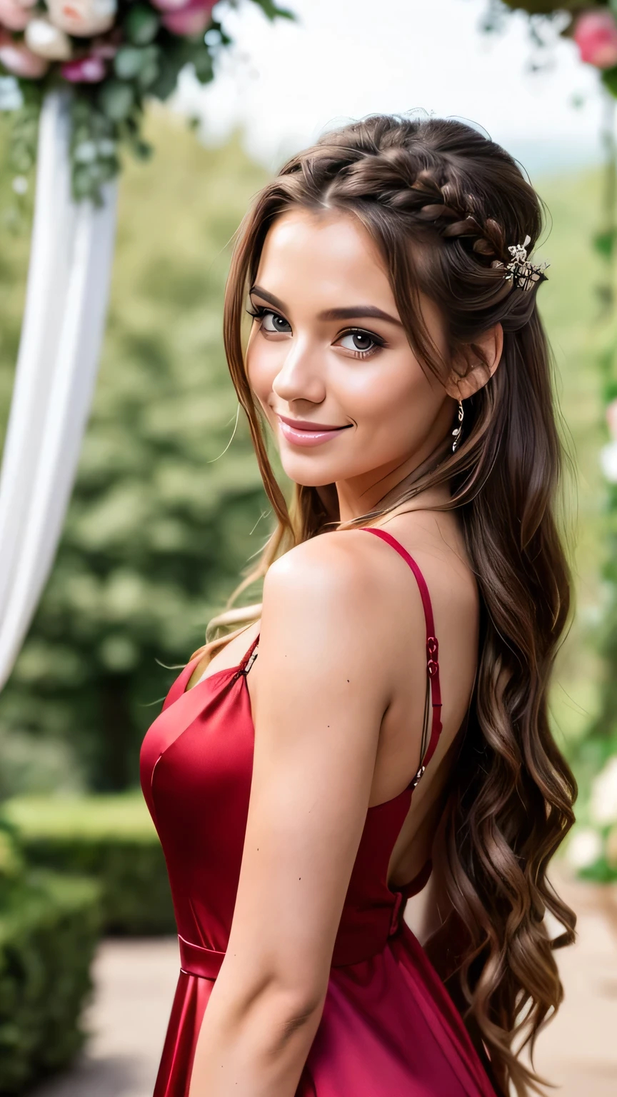 Realistic full body photo of a smiling, young brunette girl with long hair, Braided hairstyle, She dances in front of the camera in a short A-line bridesmaid dress with straps made of shiny red satin., Park,glamour fotoshooting, Wedding celebration, perfect anatomy, perfect brown eyes. Perfect hands with 5 fingers on each hand, Matching girl, looking at the camera, 1 Frau. (Eye make up:1.1), (highly detailed skin:1.1), spirit, analog style, keen focus, 8K UHD, dslr, good quality, Fujifilm XT3, Grain, Award-winning, masterpiece. Wedding celebration