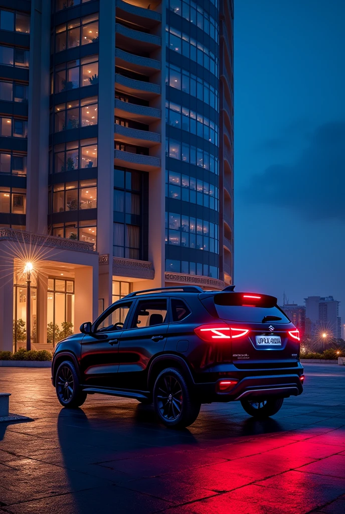 Maruti Suzuki Grand vitara in black colour with red and blue light at night infront of a luxury building with number plate UP42AX0049