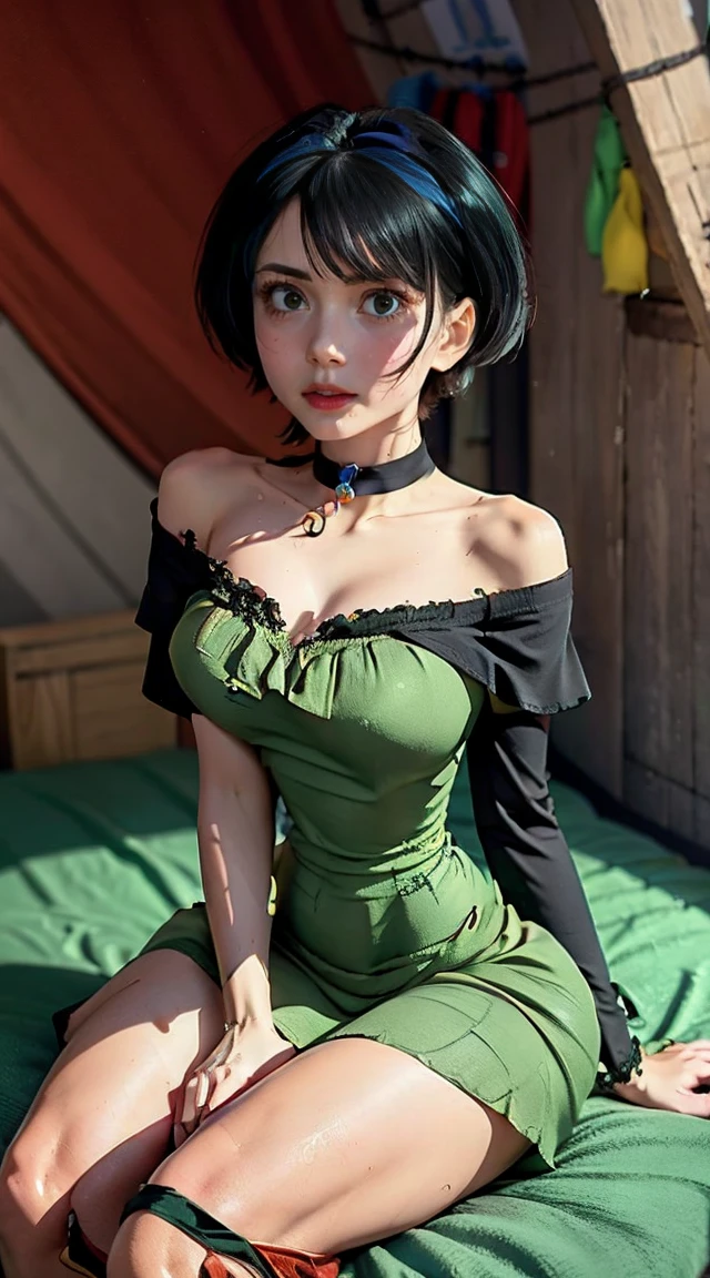 (Muscular:1.3), (thick thighs:2.2),
(female, green eyes, pale skin, jet black hair:1.5), teen, (bob cut:1.5),
(big smile, small waist, thin waist, narrow waist):1.7, detailed eyes, clean skin, low key detailed face,
(big breasts:1.5), (earrings, eyeshadow, lipstick), (glasses),
(off the shoulder sundress, choker:2.2), (bodybuilder pose:1.5), (three quarter view), (looking at viewer),
dark bedroom, rim lighting, two tone lighting, dimly lit, bokeh