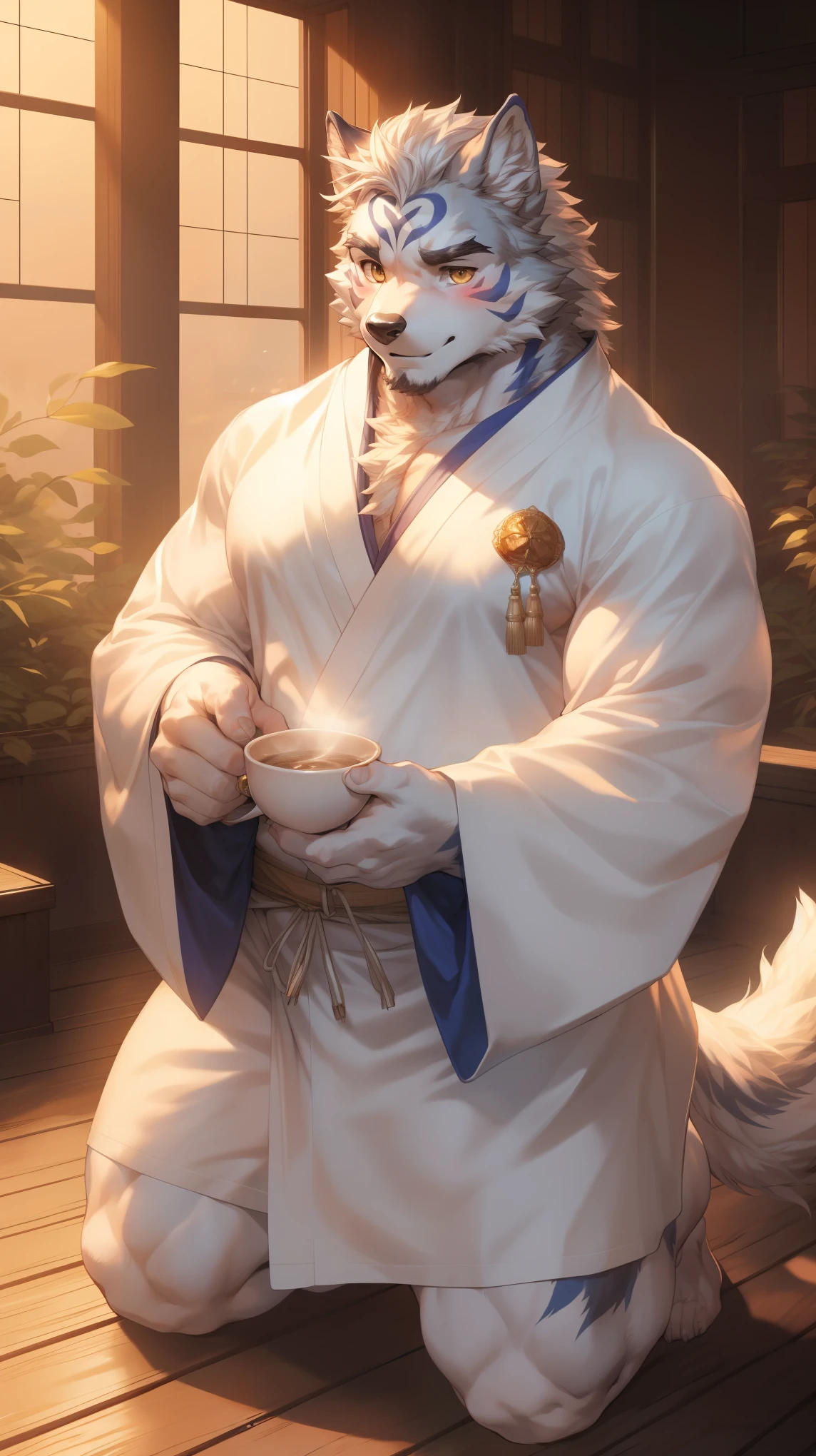 (By Empty Ghost, From thebigslick, By Dark Gem, Will chase), Keyuan Building (Onmyoji Daisenji Temple), High quality photos, Perfect anatomical structure, Anthropomorphic white wolf, male, 30 years old, (wolf print), Thick eyebrows, short hair, Strong body, Fat, White pectoralis major, White Kimono, Pine tree pattern embellishment, Small bump, Pink milk clusters, Kneeling on the wooden floor of the courtyard, a cup of tea, Shy expression, blush, A faint smile, Golden pupils, Look up at the audience, Clear facial features, Strong, solitary, Bottom view, Full body portrait, early morning, Foggy atmosphere, In the classical garden, White pebbles can be seen everywhere, wild plants, (By Empty Ghost, From wolf20, masterpiece, high quality, high resolution, 8k)