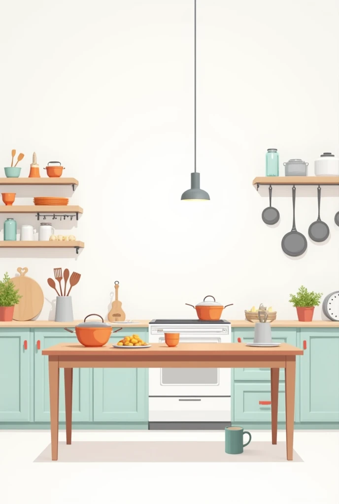 White kitchen background with kitchen supplies on top of table and hanging in the back clipart