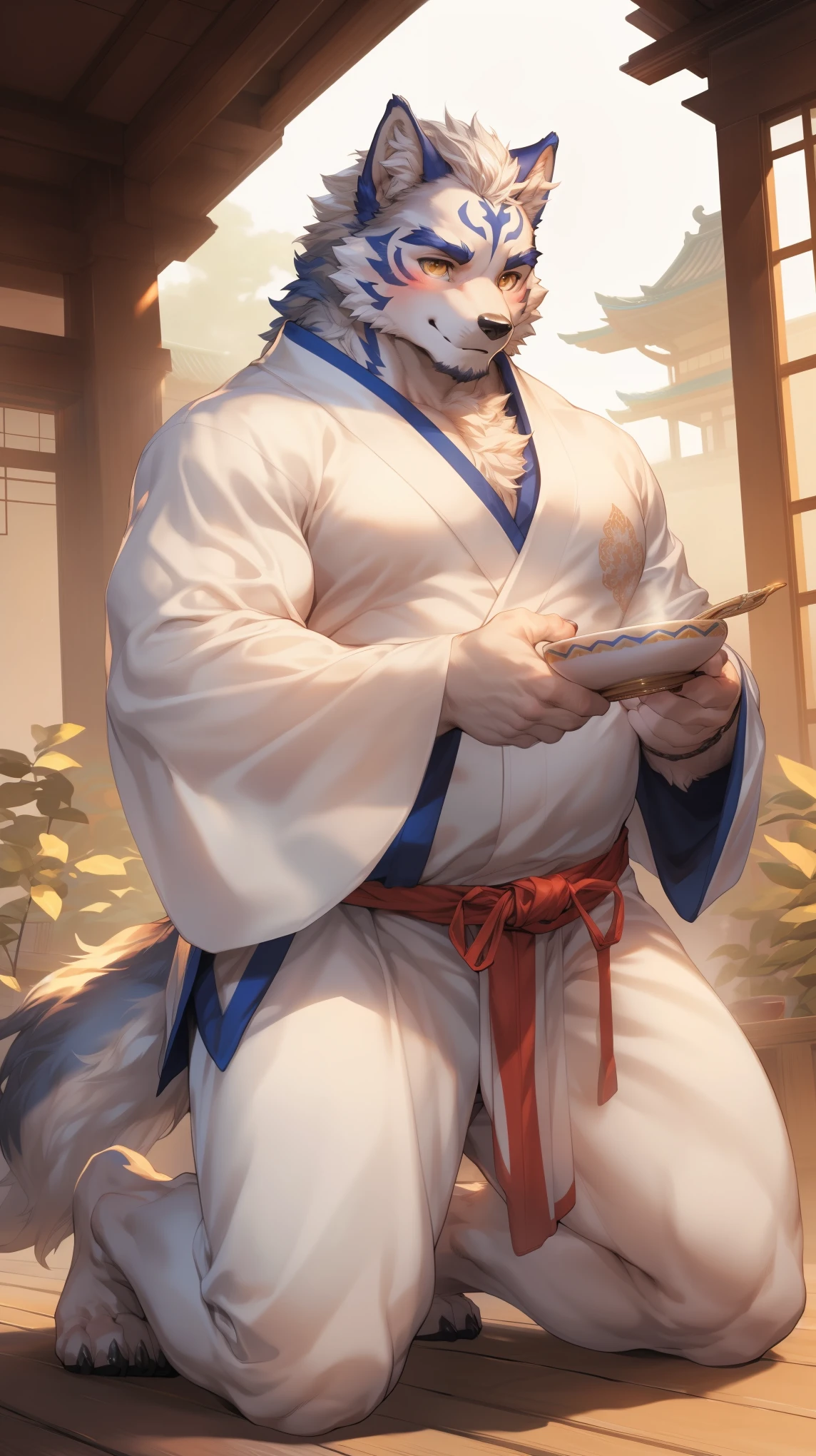 (By Empty Ghost, From thebigslick, By Dark Gem, Will chase), Keyuan Building (Onmyoji Daisenji Temple), High quality photos, Perfect anatomical structure, Anthropomorphic white wolf, male, 30 years old, (wolf print), Thick eyebrows, short hair, Strong body, Fat, White pectoralis major, White Kimono, Pine tree pattern embellishment, Small bump, Pink milk clusters, Kneeling on the wooden floor of the courtyard, a cup of tea, Shy expression, blush, A faint smile, Golden pupils, Look up at the audience, Clear facial features, Strong, solitary, Bottom view, Full body portrait, early morning, Foggy atmosphere, In the classical garden, White pebbles can be seen everywhere, wild plants, (By Empty Ghost, From wolf20, masterpiece, high quality, high resolution, 8k)