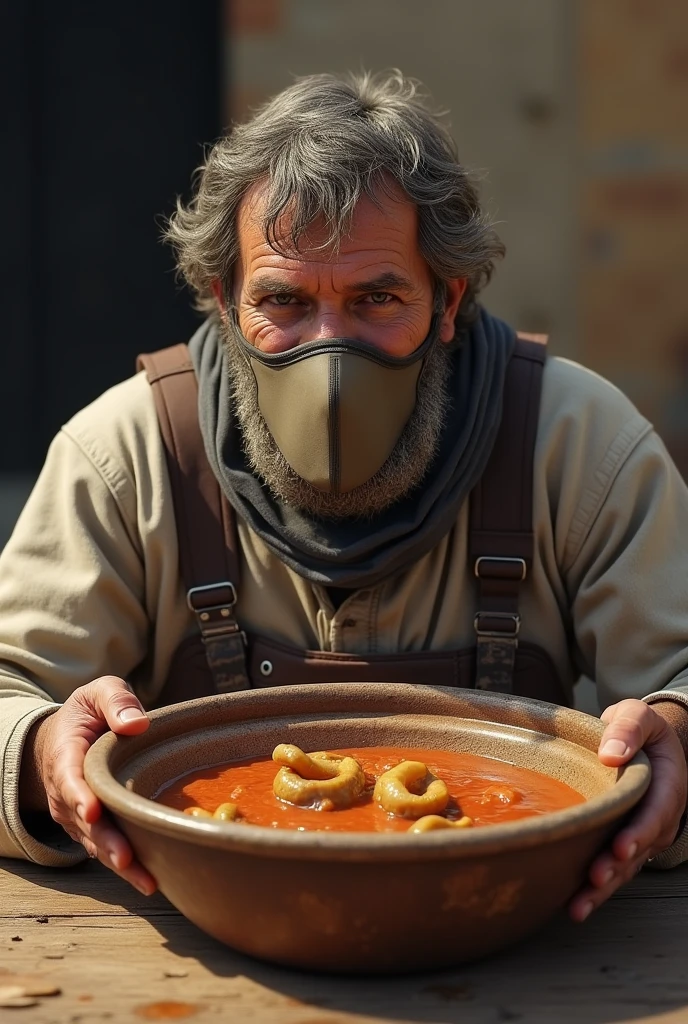 Man wearing mask eating from giant meat tajine realistic