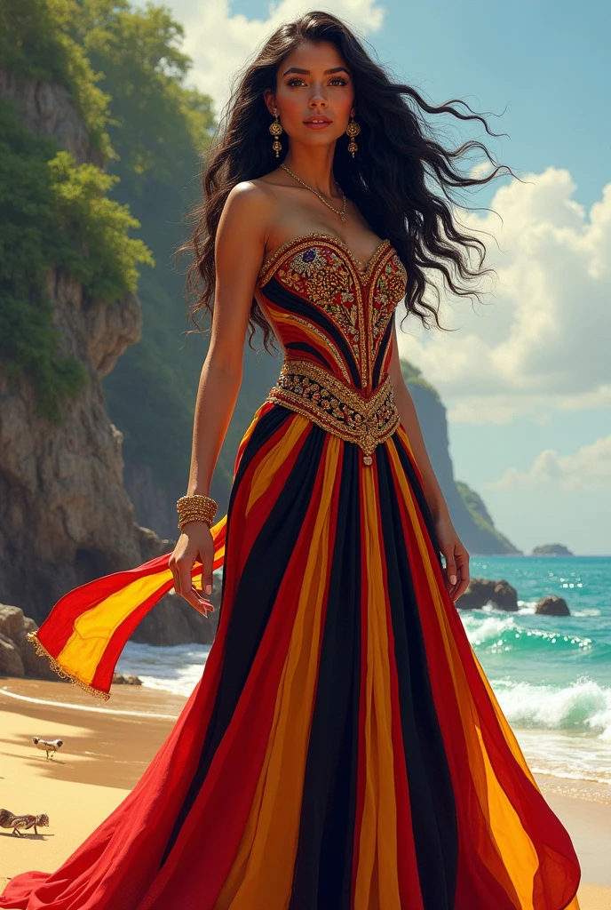 Princess with dress inspired by the flag of Paraíba, red and black