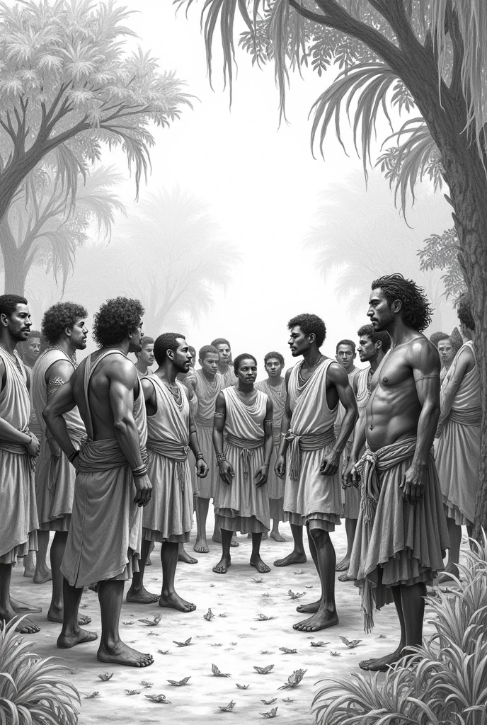 
Illustration of the villagers harming the grove]

Villager: "We need more land for farming!"

Leela: "But what about the grove's inhabitants?". Pencil drawing cartoon 