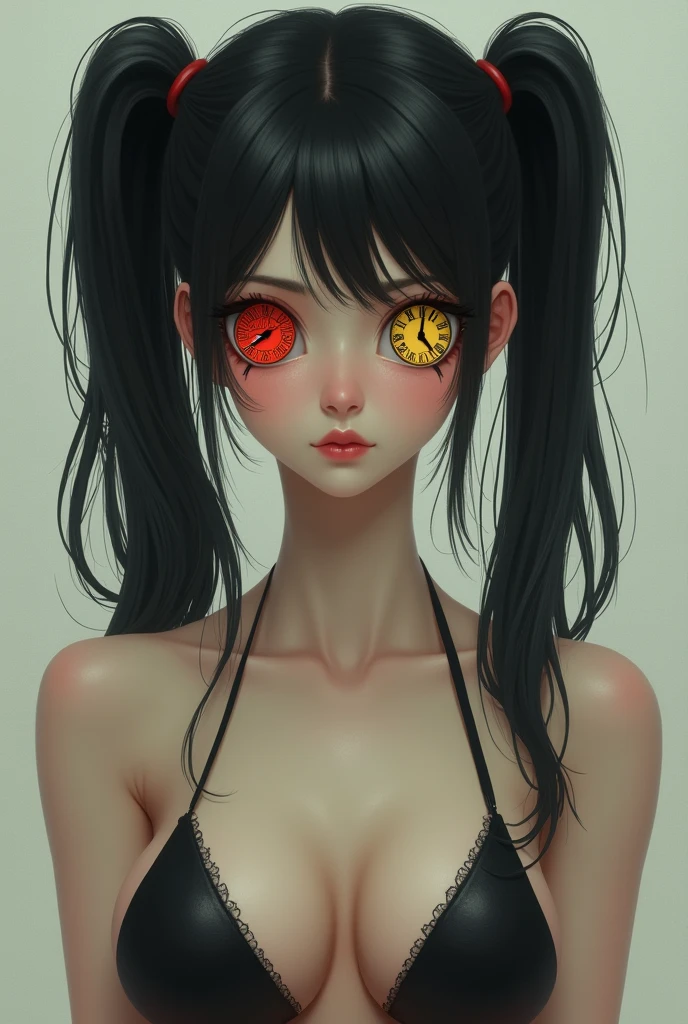 A white girl with black hair and 2 pigtails with one red eye and one yellow eye in which there is a clock while this girl is on a bikini