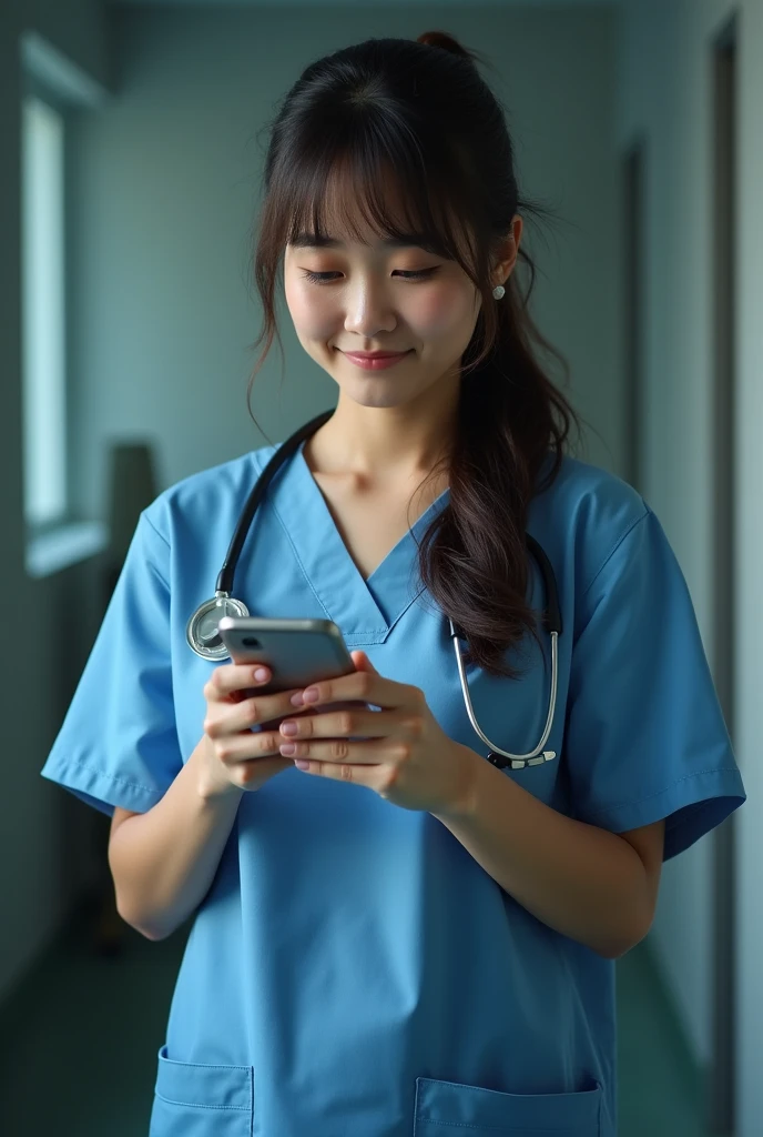 Create an image of an Asian female nurse playing on her phone.,Sexual harassment,rape