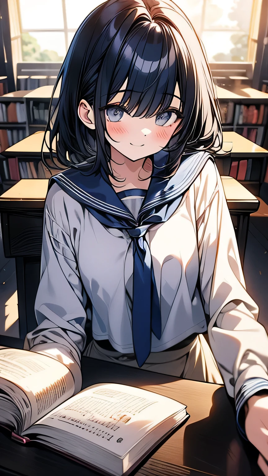 Create an anime-style image set in a bright and cozy library. The scene features two high school students, a boy and a girl, sitting side by side at a wooden desk. The boy is wearing a cutter shirt with a tie and pants, while the girl is dressed in a sailor-style uniform with a skirt. They are sitting side by side, with open books spread out on the desk in front of them, studying together. Both students are holding pens, writing something in their notebooks while looking at the books on the desk. They are smiling and enjoying each other's company. The scene is viewed from the front, showing their faces and the warm, soft light illuminating the space, creating a cheerful and pleasant atmosphere. In the background, large windows reveal a clear summer sky with vibrant blue colors, enhancing the fresh and lively ambiance. The bookshelves filled with books further emphasize the library setting.
