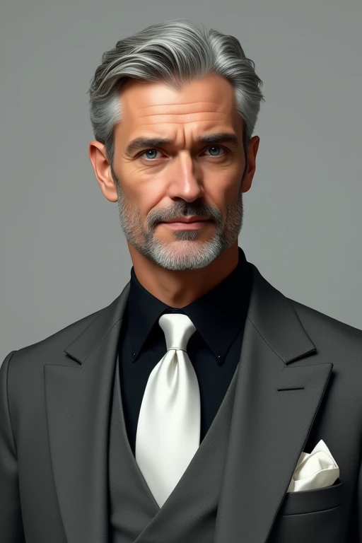 ((Highest quality)), ((masterpiece)), (detailed),Grey suit,male,20-year-old,White tie,Grey Hair,blue eyes,Black shirt,half,Nape