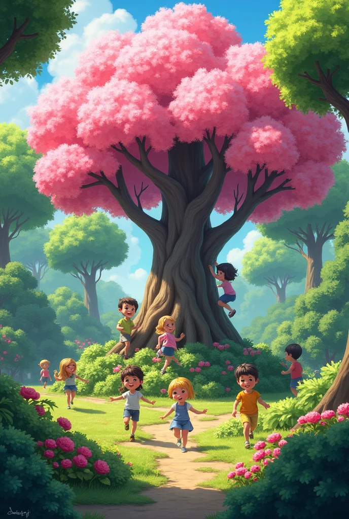 A garden with different tress and a big tree in middle with pink beautiful flowers and around trees children are playing some are climbing on tress