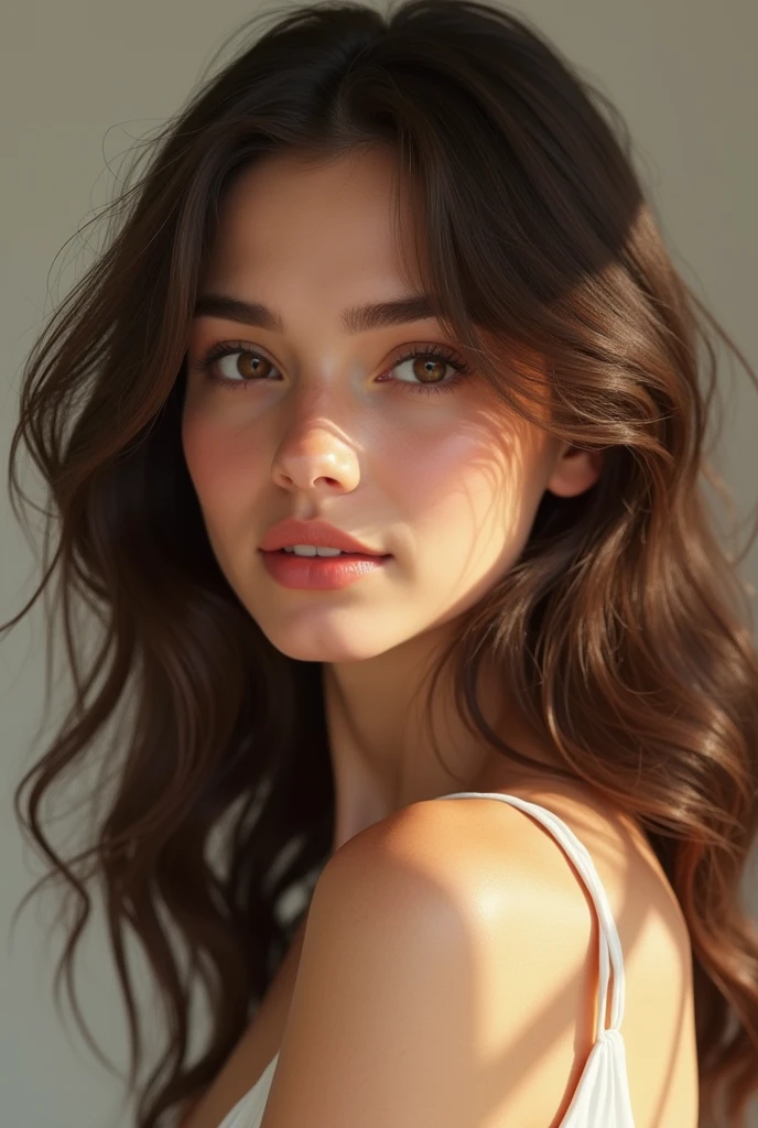 Brune europeennes de 27 ans teint mate et yeux marrons claires cheveux detachee et ondulee