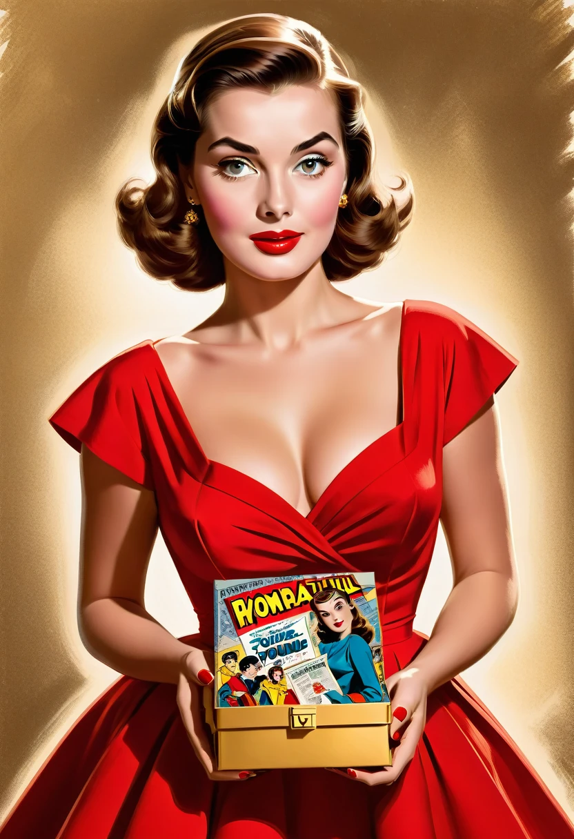 portrait of a beautiful woman in a red dress, 1950s style, brown hair and eyes, holding a golden box, comic book style. She is wearing a very beautiful outfit, her face is elegant and she is young.
