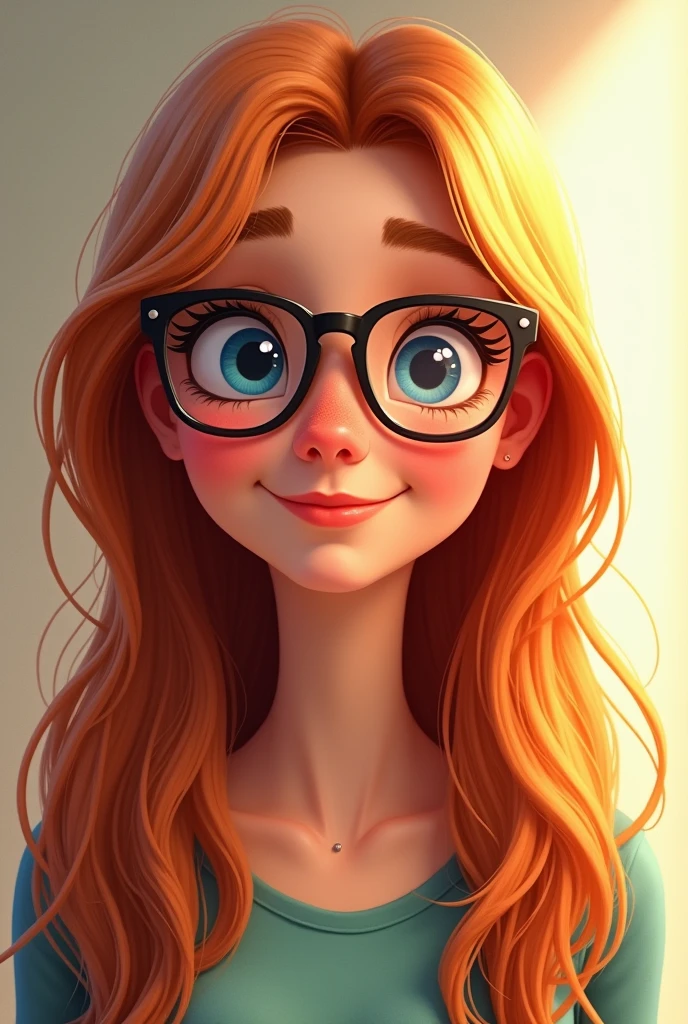 Darker Reddish brown blonde long hair, woman, glasses, animated, medium build, smile, button nose, blue eyes