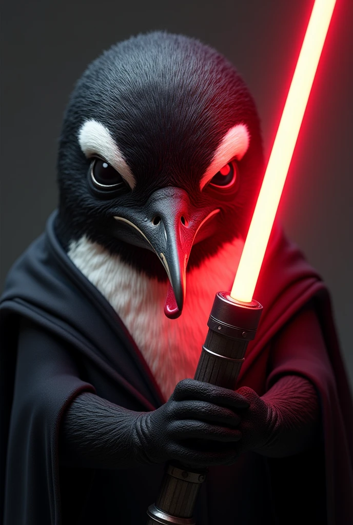 a close up of an evil penguin facing the camera with his tongue out on the side of his mouth  and an evil face and using a sith vest with a red light saber on his hand