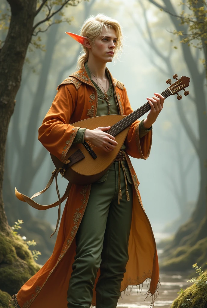 A blond male elf, wearing a bard&#39;s outfit, holding a lute, fundo cinza