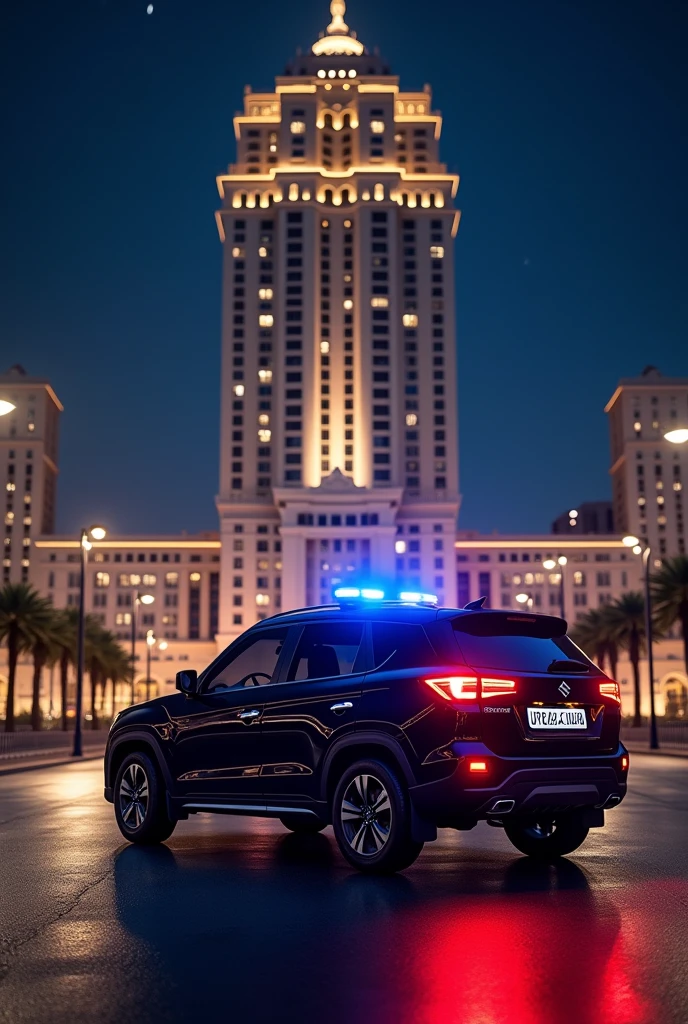 Maruti Suzuki Grand vitara in black colour with police light on it at night infront of a luxury building with number plate UP42AX0049