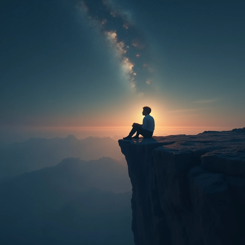 Create an image of a person sitting alone on a cliff at twilight, the stars beginning to twinkle in the night sky. A soft light descends from above, gently illuminating the person, signifying God's response to their patient faith.