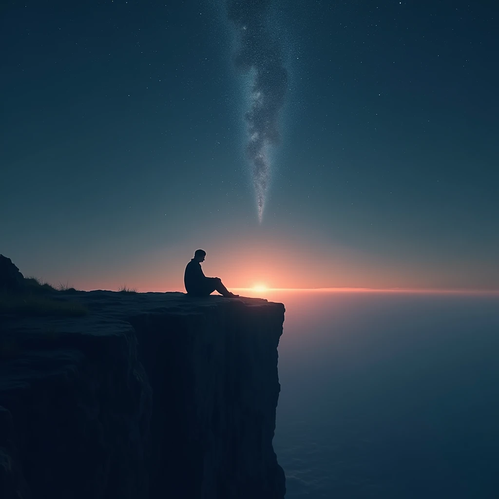 Create an image of a person sitting alone on a cliff at twilight, the stars beginning to twinkle in the night sky. A soft light descends from above, gently illuminating the person, signifying God's response to their patient faith.