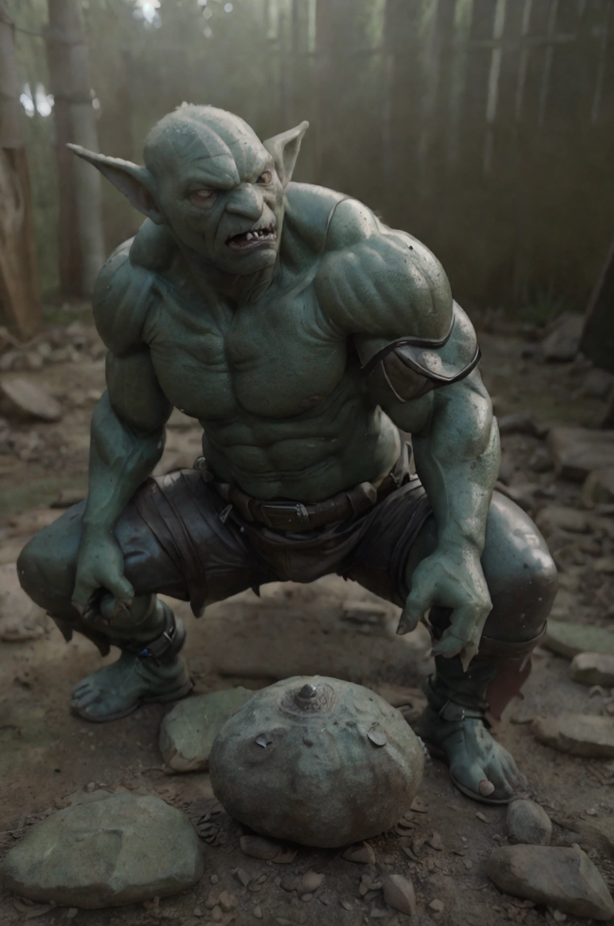 full body, angry, imminent attack pose, muscular macho goblin man, green skin, big nose, big ears, leather armor, forest, (best quality,4k,8k,highres,masterpiece:1.2),ultra-detailed,(realistic,photorealistic,photo-realistic:1.37),cinematic lighting,vivid colors,dramatic composition,fantasy art
