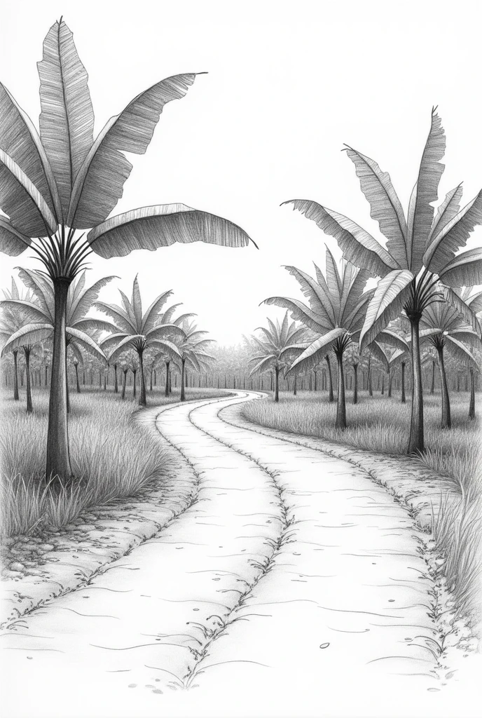 A dirt path drawn with a pencil. Banana trees at the borders. Kerala village