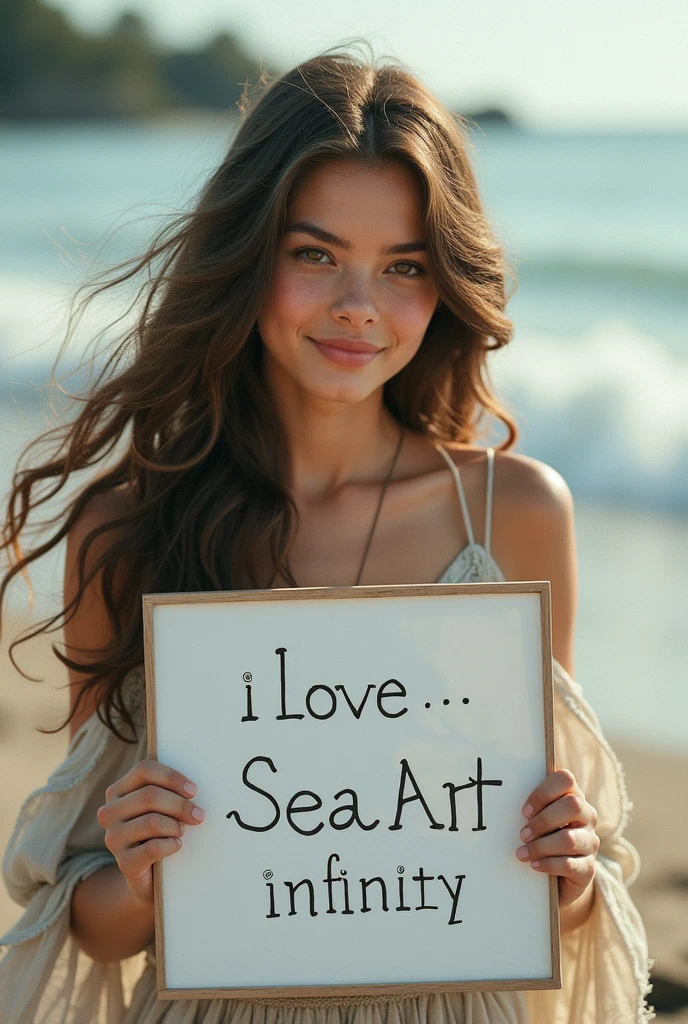 Beautiful girl with wavy long hair, bohemian dress, holding a white board with text "I Love Seaart Infinity" and showing it to the viewer