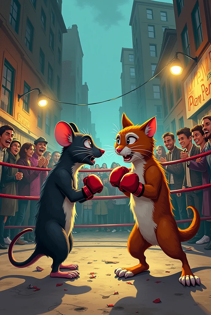 Rat boxing with cat around people are souting