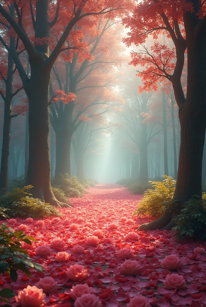 large forest covered in rose petals, warm tones, background with fog in a cold tone, magical atmosphere. Side lighting, natural landscape, hyper-realistic, photographic style.